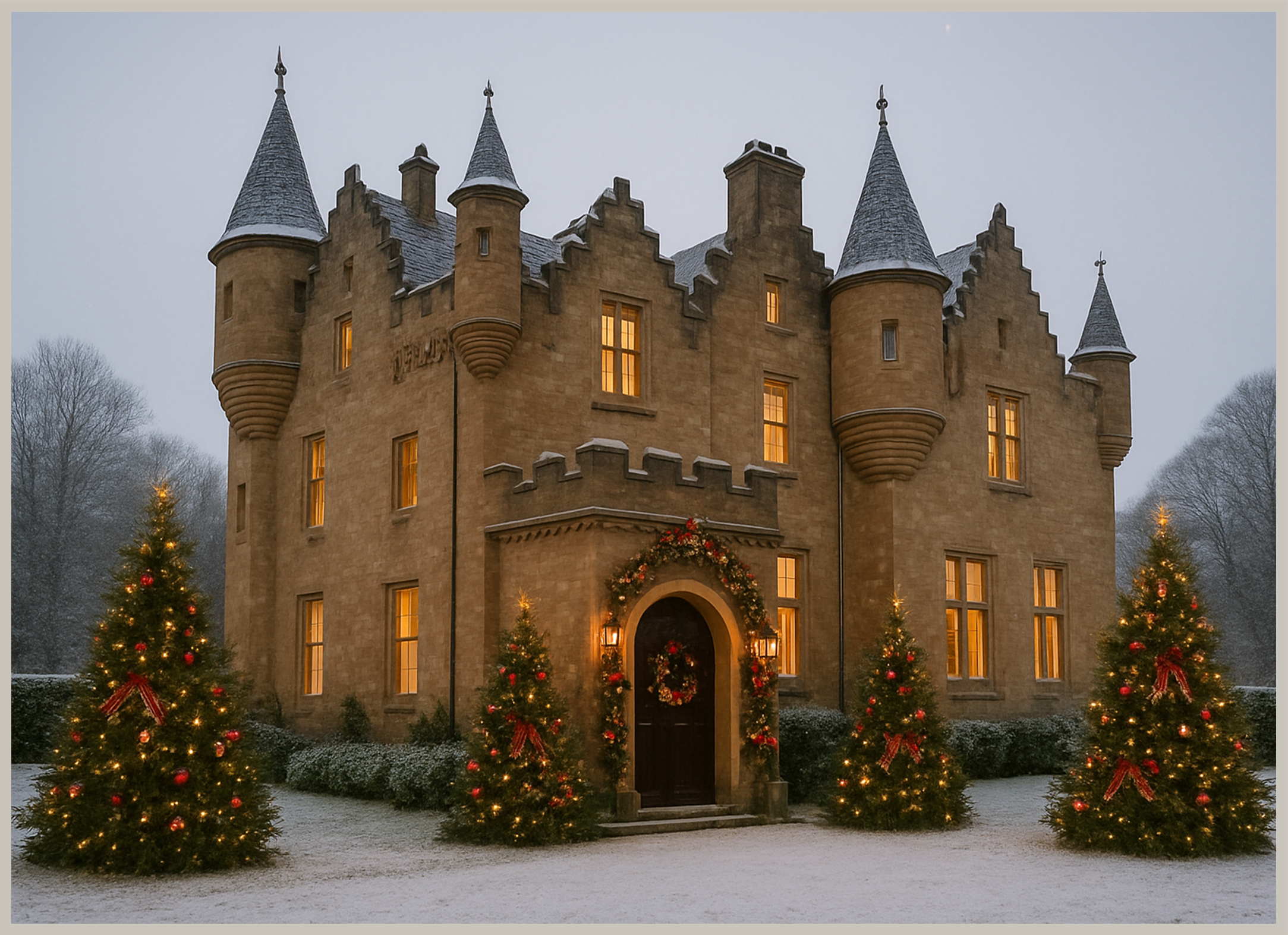Greeting Card: Scottish Spired Holiday Manor — Luxury Printable (IR-003)